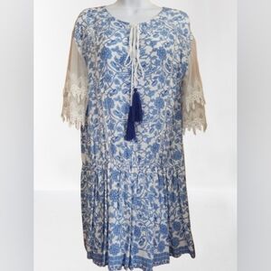 Soieblue Blue and White Floral Lace Sleeve Mini Dress Size M